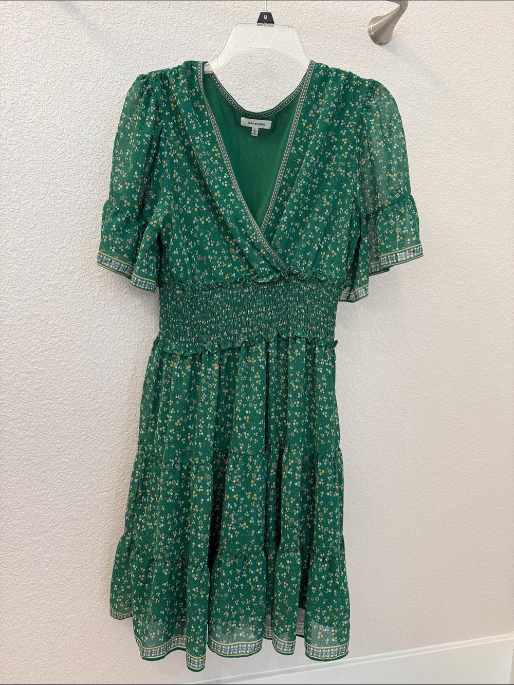 Max Studio Green Floral Smocked Midi Dress